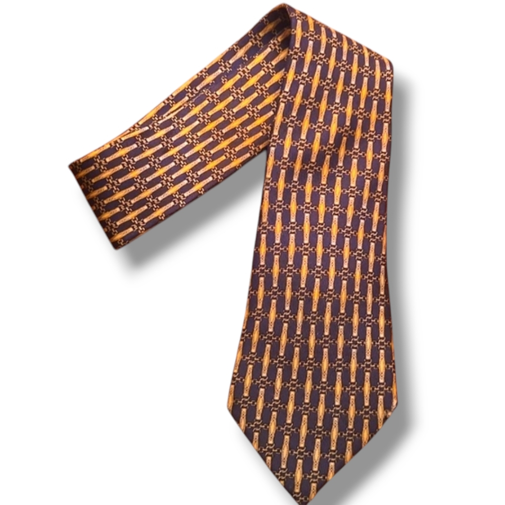 HERMES Gold Navy Patterned Silk Tie